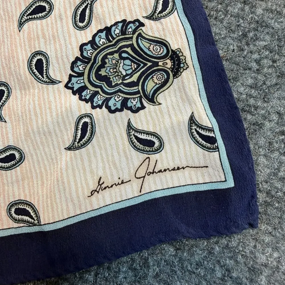 Ginnie Johnson Vintage Blue Cream Paisley Scarf Silk Long Rectangular Neck 9x56